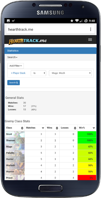 Screenshot of the HearthTrack.me result tracking interface