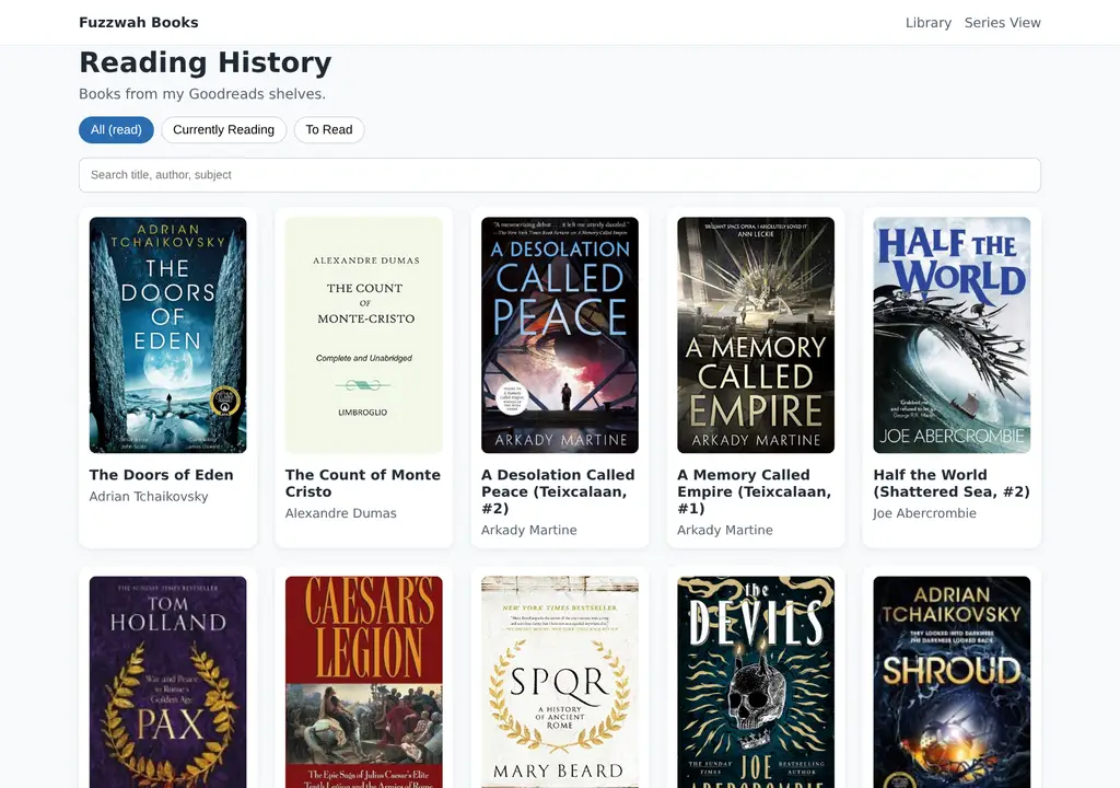 Screenshot of Fuzzwah Books reading history website