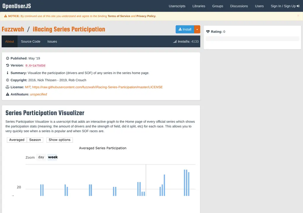 Screenshot of the iRacing Series Participation OpenUserJS page