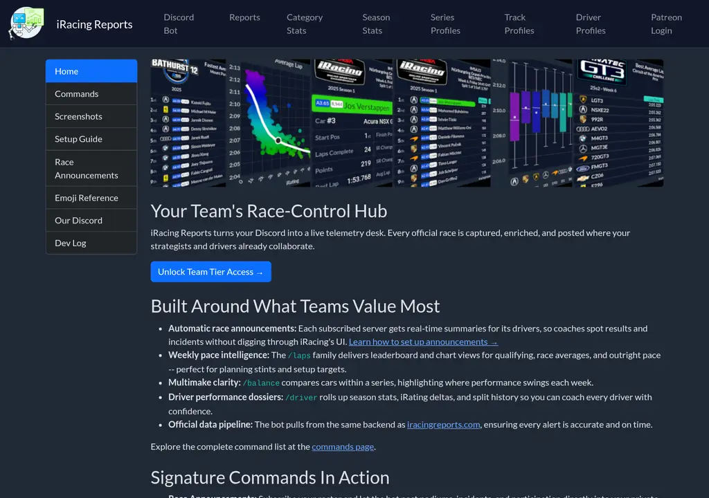 Screenshot of the iRacing Reports Discord bot page