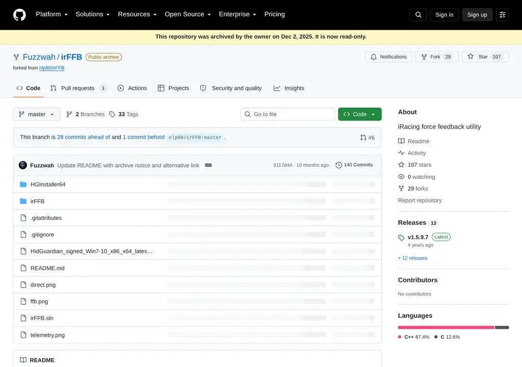 Screenshot of the irFFB GitHub repository page