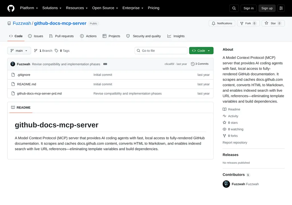 Screenshot of the GitHub Docs MCP Server project page