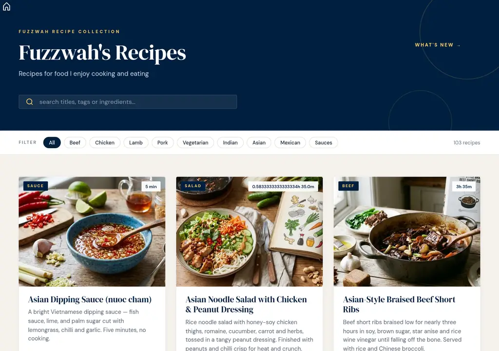 Screenshot of Fuzzwah's Recipes website