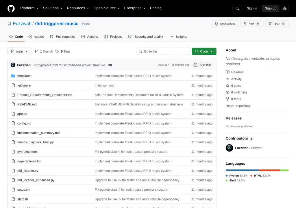 Screenshot of the RFID triggered music project page