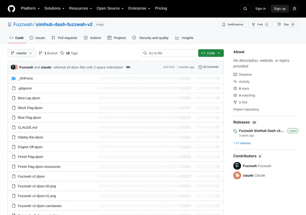 Screenshot of the SimHub dashboard project page