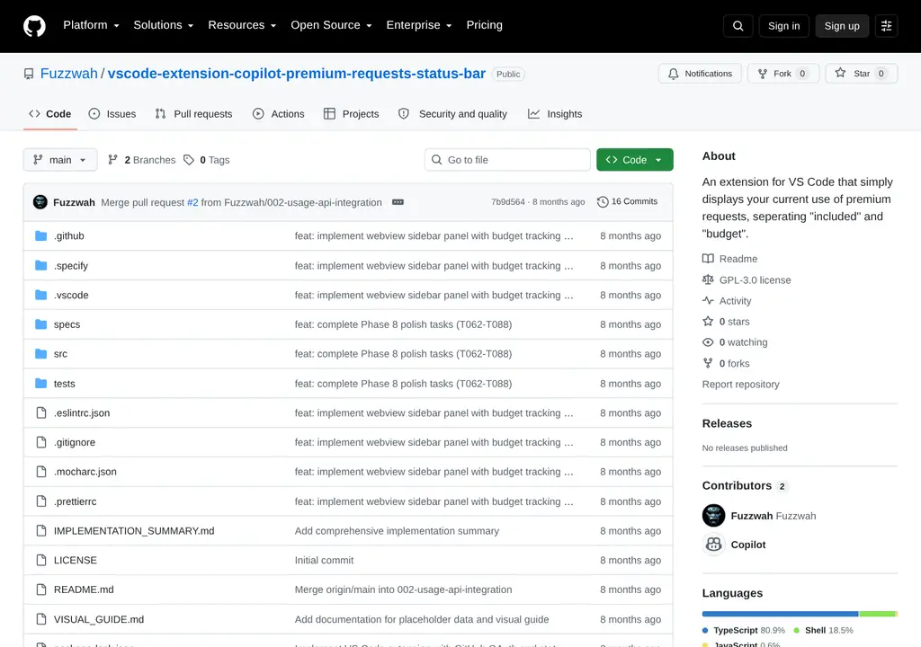 Screenshot of the Copilot premium status bar project page
